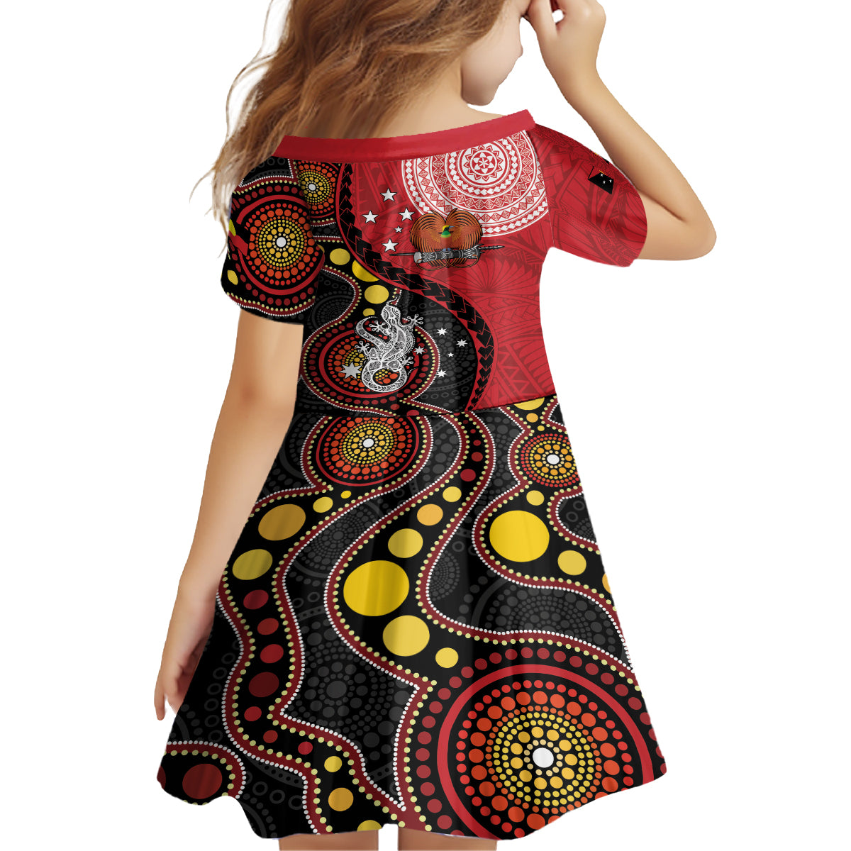 Papua New Guinea And Australia Aboriginal Family Matching Off The Shoulder Long Sleeve Dress and Hawaiian Shirt Bird Of Paradise And Kangaroo Together