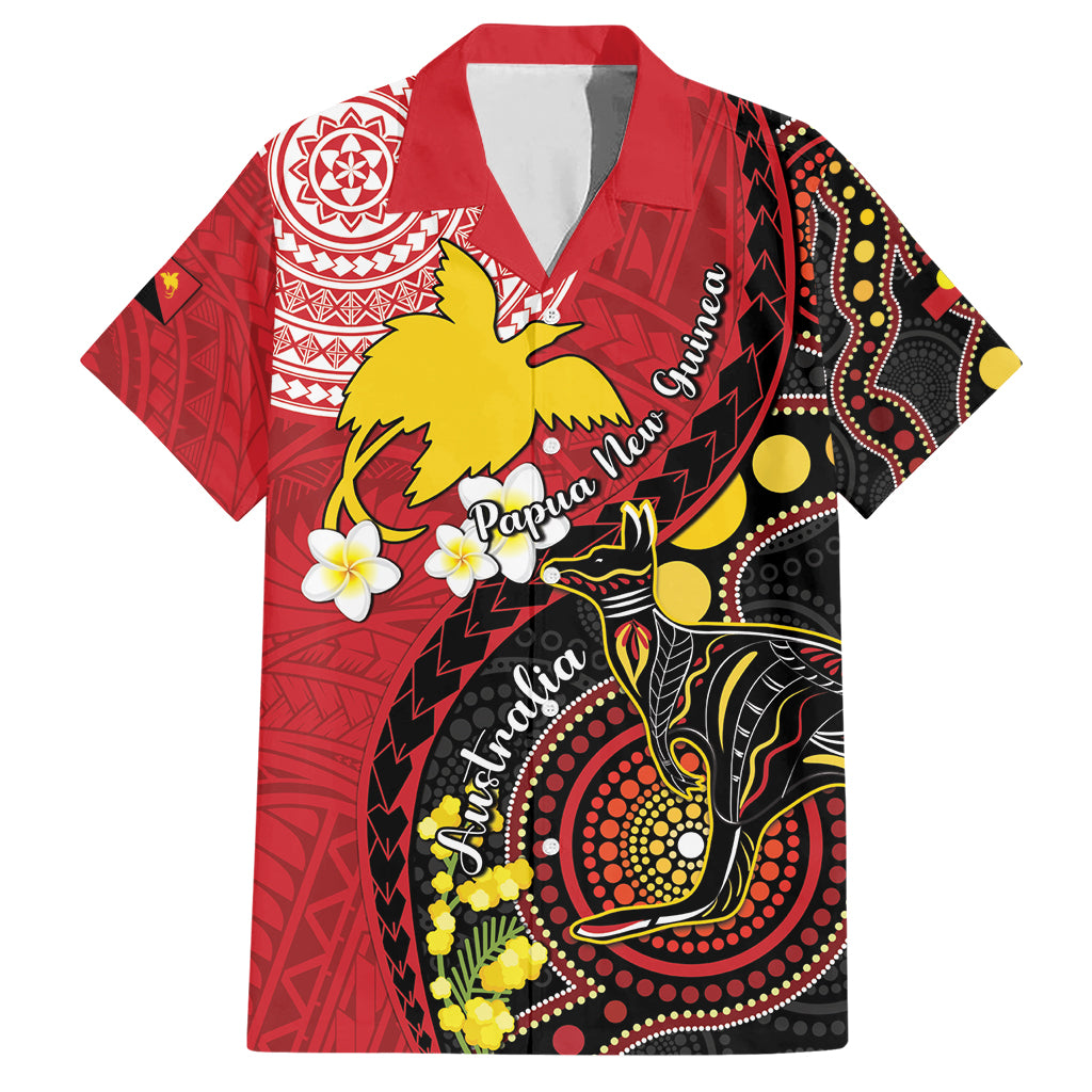 Papua New Guinea And Australia Aboriginal Family Matching Short Sleeve Bodycon Dress and Hawaiian Shirt Bird Of Paradise And Kangaroo Together