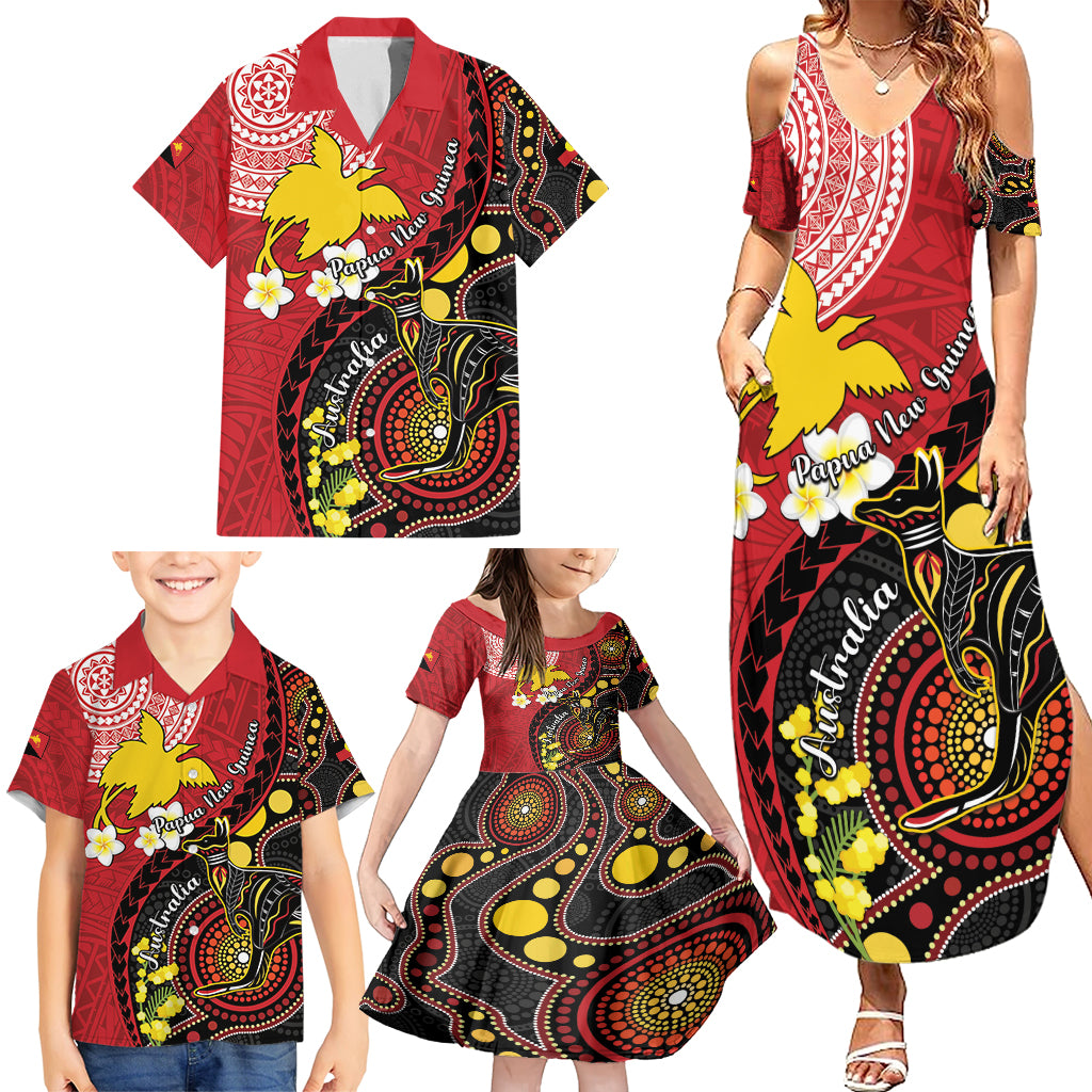 Papua New Guinea And Australia Aboriginal Family Matching Summer Maxi Dress and Hawaiian Shirt Bird Of Paradise And Kangaroo Together LT05 - Polynesian Pride
