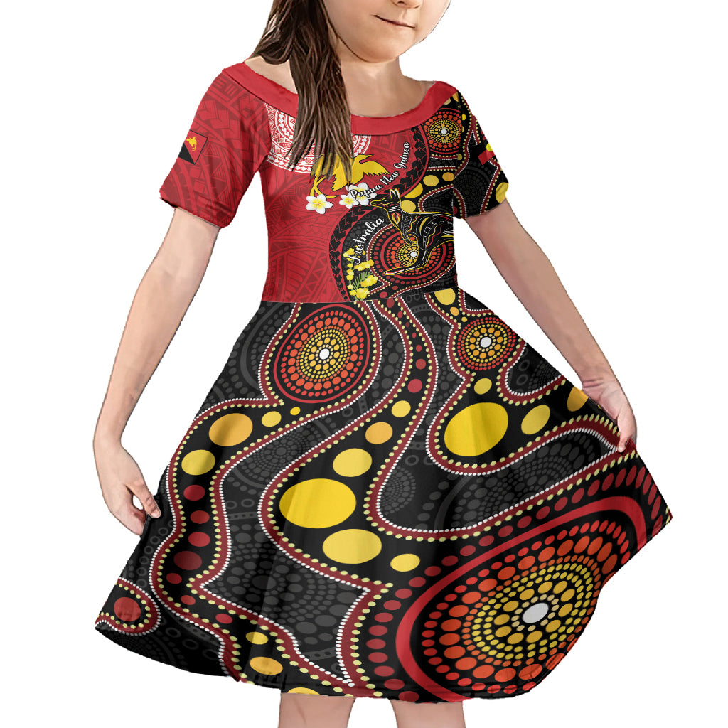 Papua New Guinea And Australia Aboriginal Kid Short Sleeve Dress Bird Of Paradise And Kangaroo Together