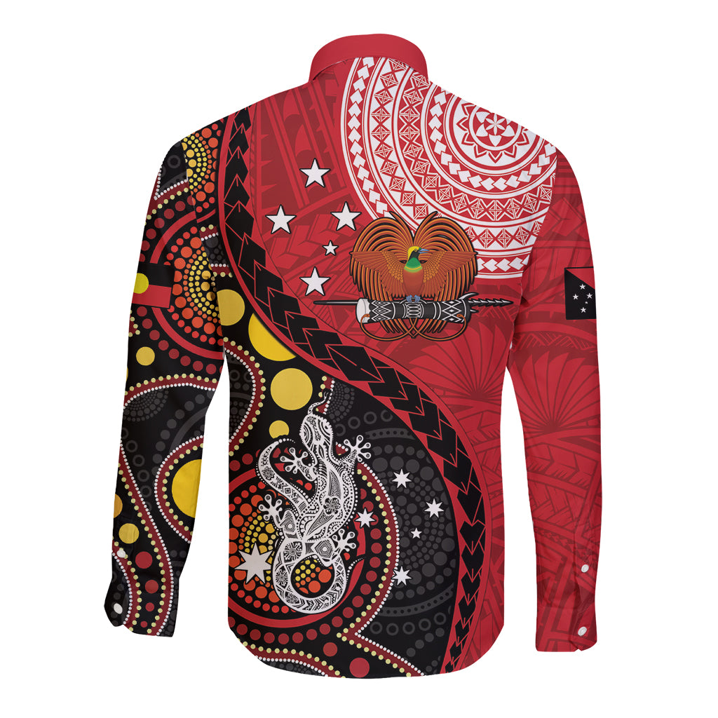 Papua New Guinea And Australia Aboriginal Long Sleeve Button Shirt Bird Of Paradise And Kangaroo Together