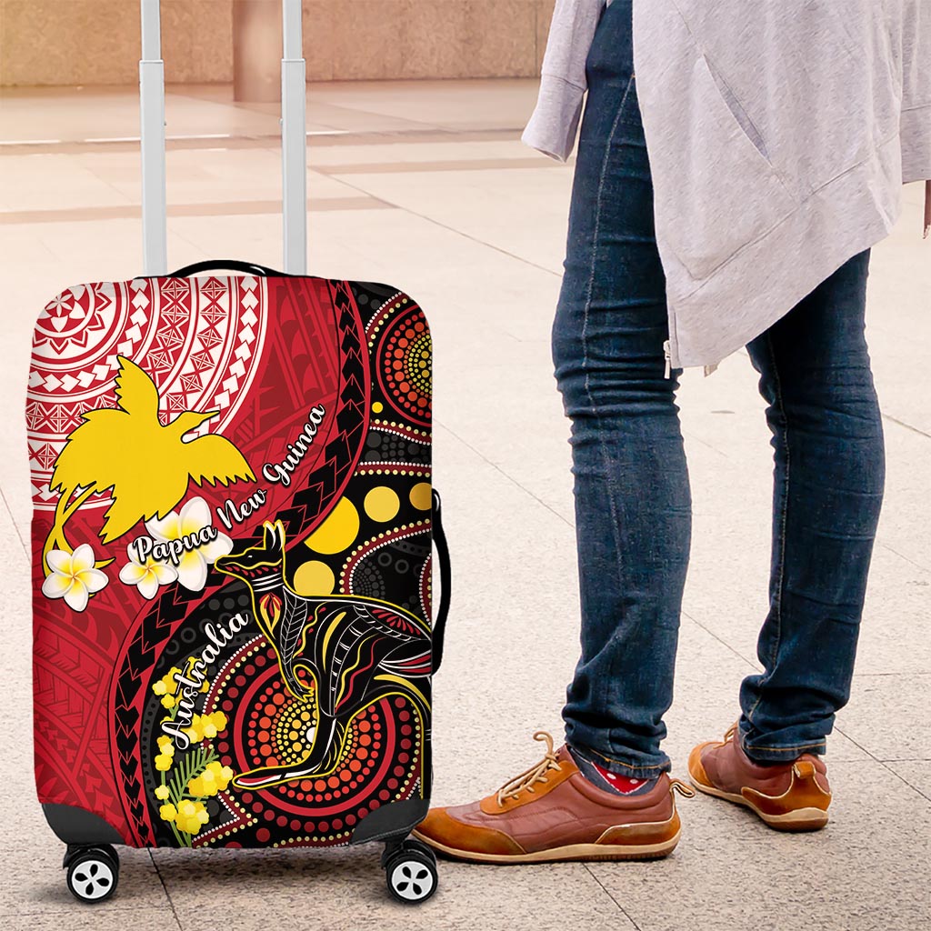 Papua New Guinea And Australia Aboriginal Luggage Cover Bird Of Paradise And Kangaroo Together LT05 Red - Polynesian Pride