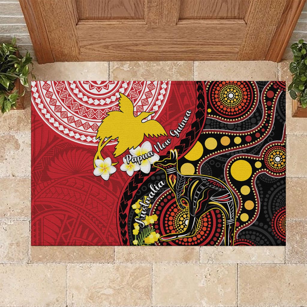 Papua New Guinea And Australia Aboriginal Rubber Doormat Bird Of Paradise And Kangaroo Together LT05 Red - Polynesian Pride