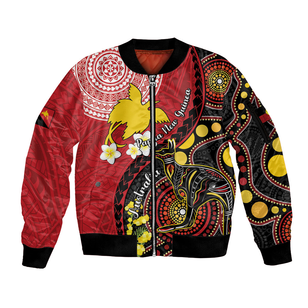 Papua New Guinea And Australia Aboriginal Sleeve Zip Bomber Jacket Bird Of Paradise And Kangaroo Together LT05 Unisex Red - Polynesian Pride