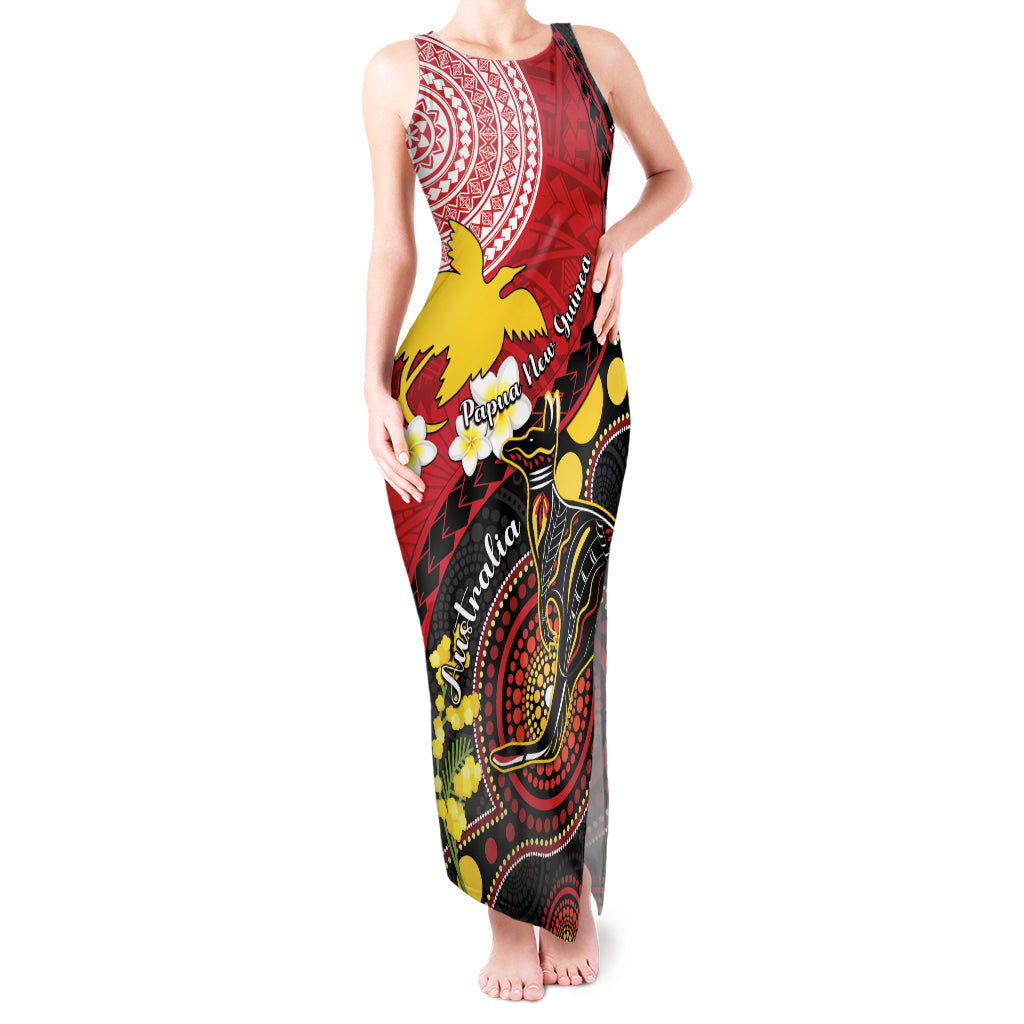 Papua New Guinea And Australia Aboriginal Tank Maxi Dress Bird Of Paradise And Kangaroo Together LT05 Women Red - Polynesian Pride