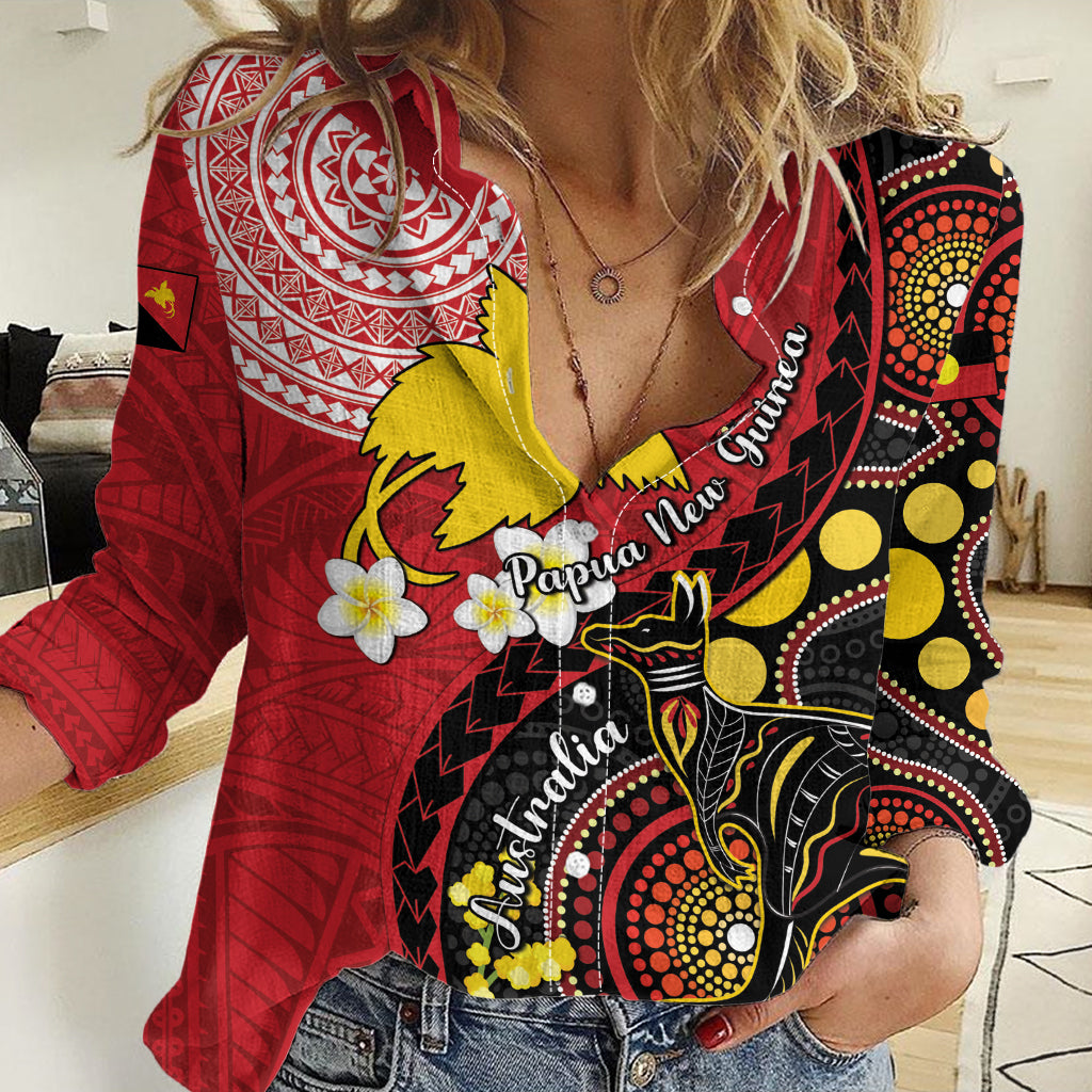 Papua New Guinea And Australia Aboriginal Women Casual Shirt Bird Of Paradise And Kangaroo Together