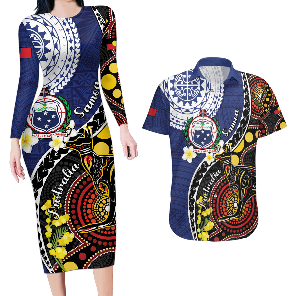 Samoa And Australia Together Couples Matching Long Sleeve Bodycon Dress and Hawaiian Shirt Aboriginal Mix Polynesian LT05 Blue - Polynesian Pride