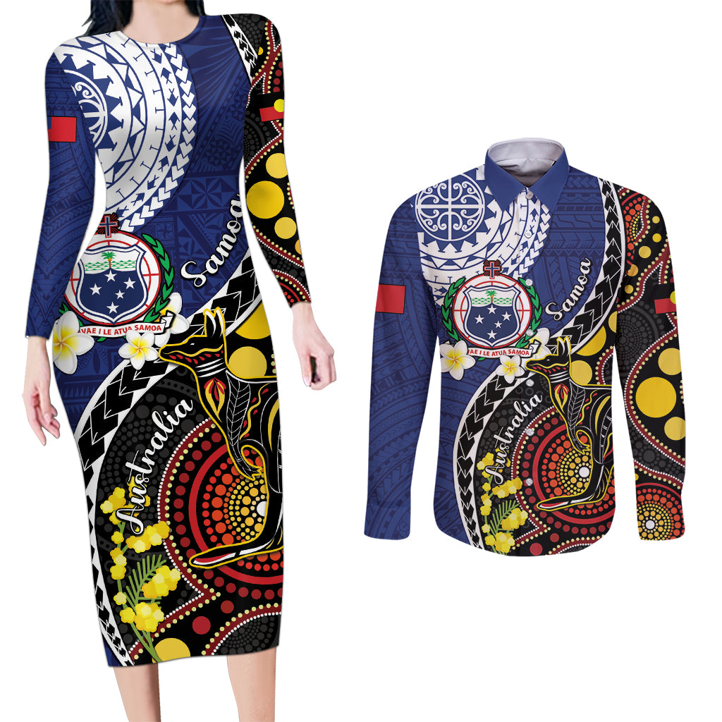Samoa And Australia Together Couples Matching Long Sleeve Bodycon Dress and Long Sleeve Button Shirt Aboriginal Mix Polynesian LT05 Blue - Polynesian Pride