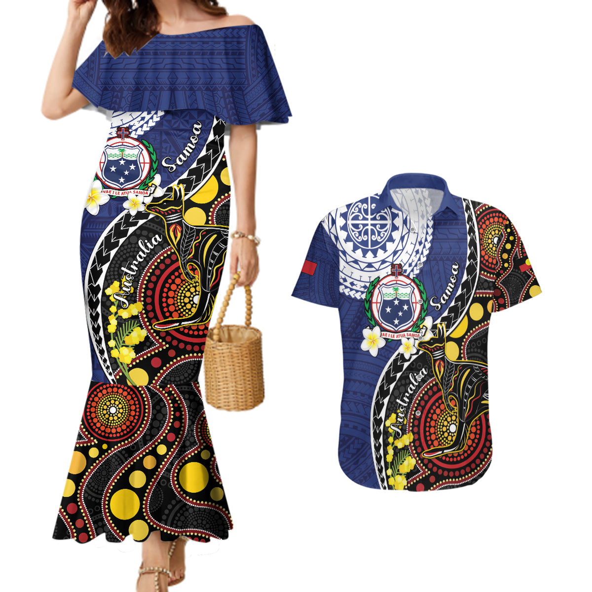Samoa And Australia Together Couples Matching Mermaid Dress and Hawaiian Shirt Aboriginal Mix Polynesian LT05 Blue - Polynesian Pride