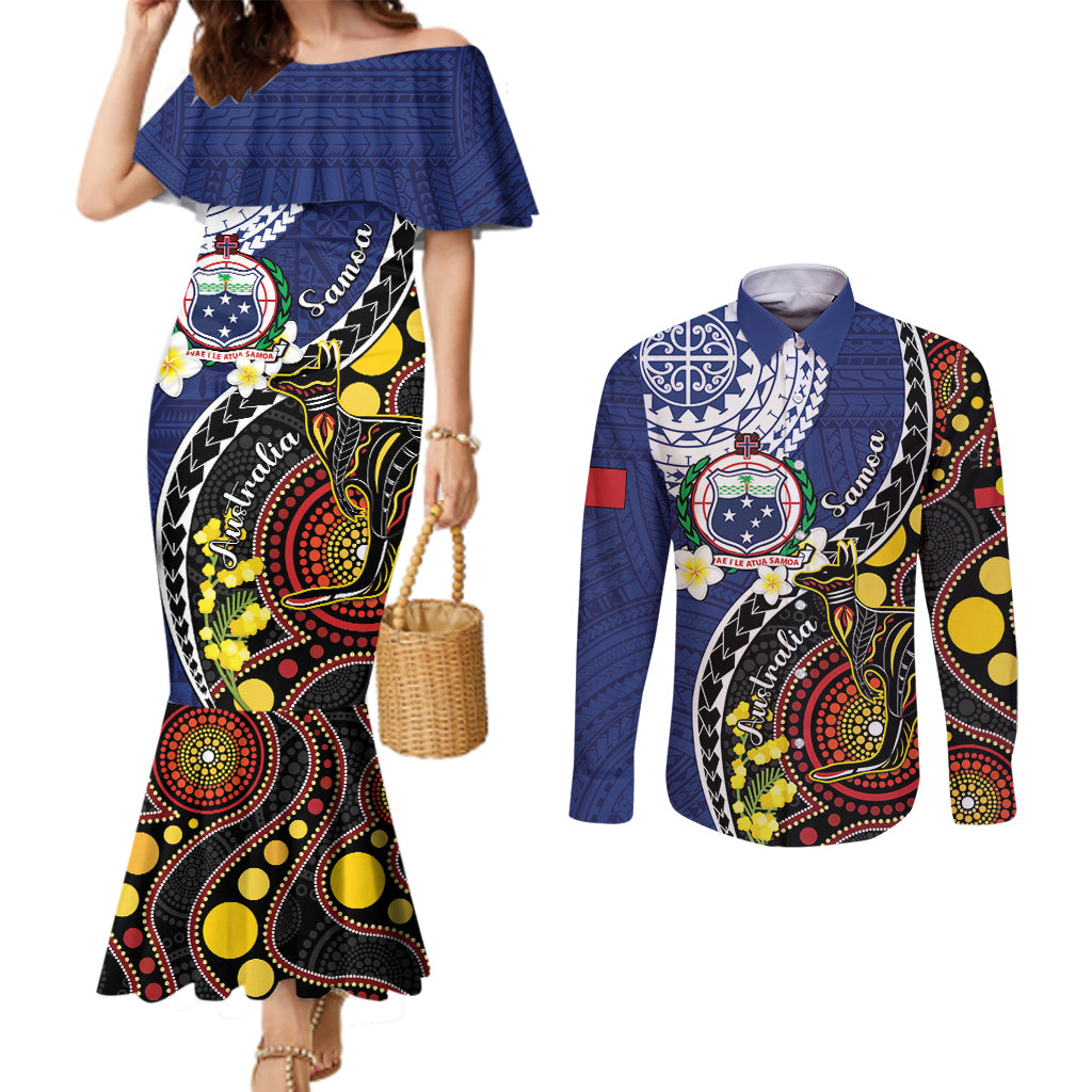 Samoa And Australia Together Couples Matching Mermaid Dress and Long Sleeve Button Shirt Aboriginal Mix Polynesian LT05 Blue - Polynesian Pride