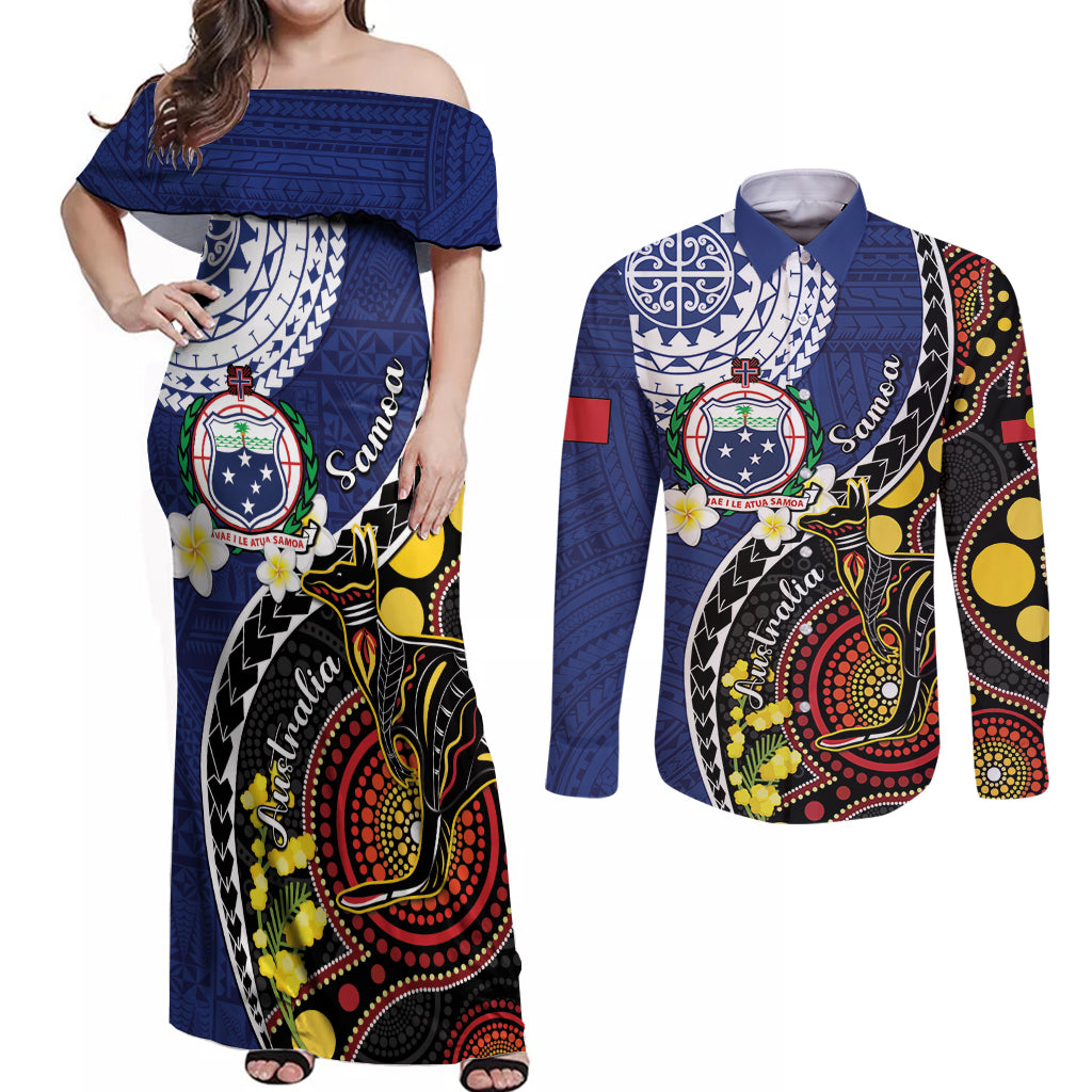 Samoa And Australia Together Couples Matching Off Shoulder Maxi Dress and Long Sleeve Button Shirt Aboriginal Mix Polynesian LT05 Blue - Polynesian Pride
