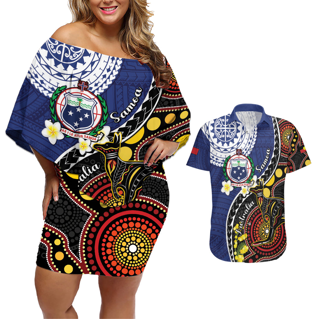 Samoa And Australia Together Couples Matching Off Shoulder Short Dress and Hawaiian Shirt Aboriginal Mix Polynesian LT05 Blue - Polynesian Pride