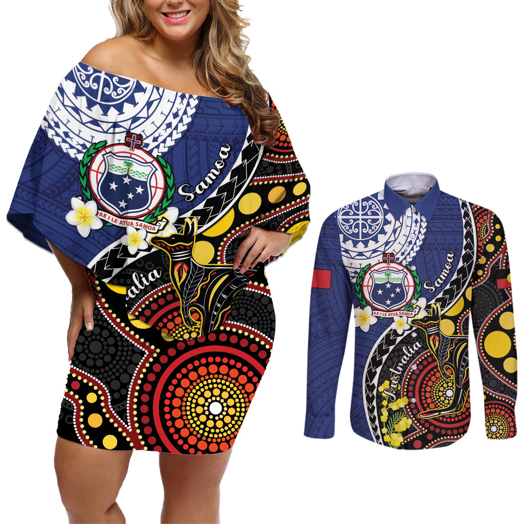 Samoa And Australia Together Couples Matching Off Shoulder Short Dress and Long Sleeve Button Shirt Aboriginal Mix Polynesian LT05 Blue - Polynesian Pride