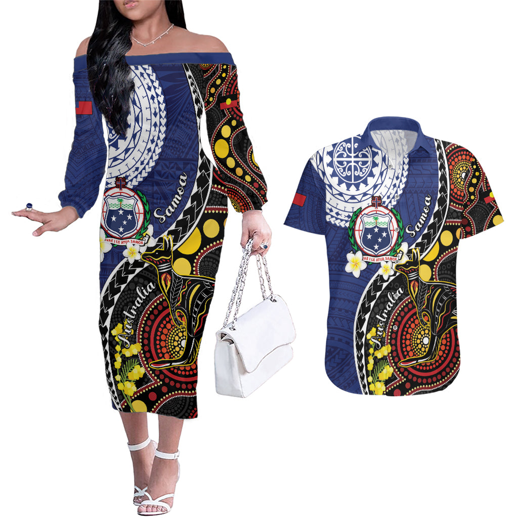 Samoa And Australia Together Couples Matching Off The Shoulder Long Sleeve Dress and Hawaiian Shirt Aboriginal Mix Polynesian LT05 Blue - Polynesian Pride