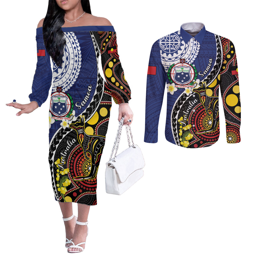 Samoa And Australia Together Couples Matching Off The Shoulder Long Sleeve Dress and Long Sleeve Button Shirt Aboriginal Mix Polynesian LT05 Blue - Polynesian Pride