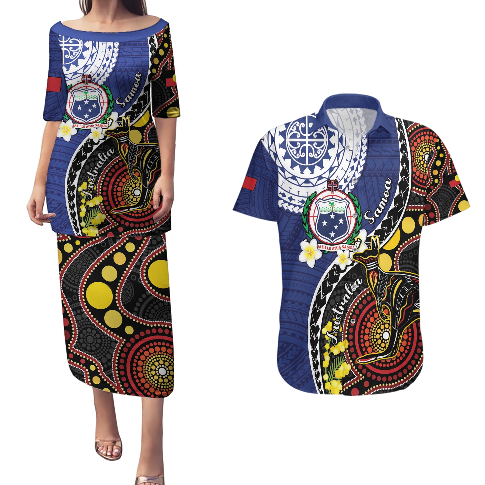 Samoa And Australia Together Couples Matching Puletasi and Hawaiian Shirt Aboriginal Mix Polynesian LT05 Blue - Polynesian Pride