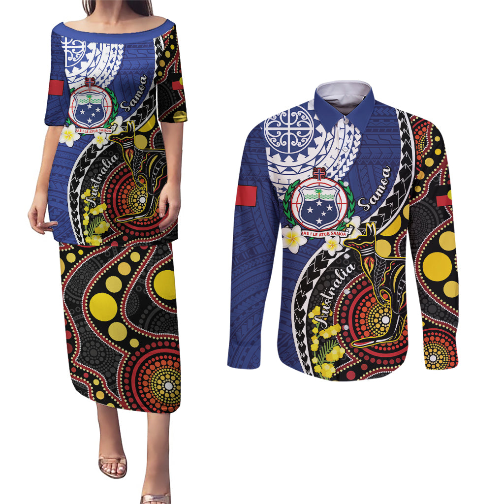 Samoa And Australia Together Couples Matching Puletasi and Long Sleeve Button Shirt Aboriginal Mix Polynesian LT05 Blue - Polynesian Pride