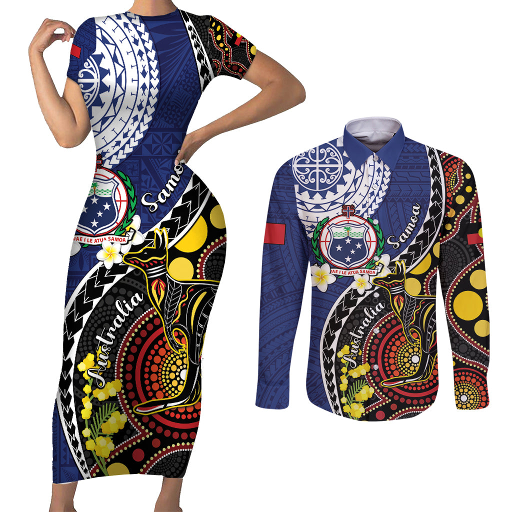 Samoa And Australia Together Couples Matching Short Sleeve Bodycon Dress and Long Sleeve Button Shirt Aboriginal Mix Polynesian LT05 Blue - Polynesian Pride