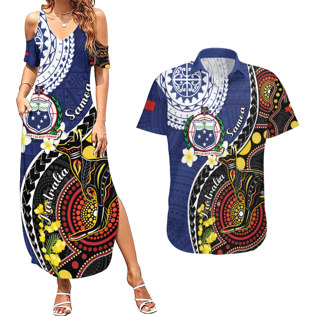 Samoa And Australia Together Couples Matching Summer Maxi Dress and Hawaiian Shirt Aboriginal Mix Polynesian LT05 Blue - Polynesian Pride