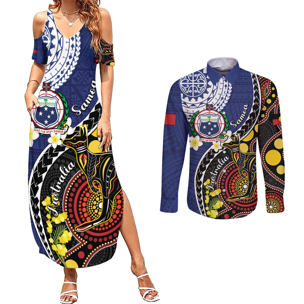 Samoa And Australia Together Couples Matching Summer Maxi Dress and Long Sleeve Button Shirt Aboriginal Mix Polynesian LT05 Blue - Polynesian Pride