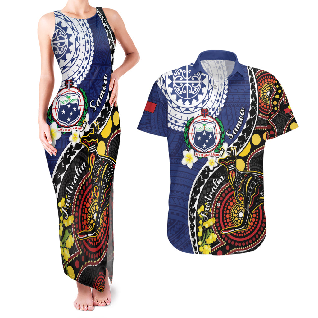 Samoa And Australia Together Couples Matching Tank Maxi Dress and Hawaiian Shirt Aboriginal Mix Polynesian LT05 Blue - Polynesian Pride