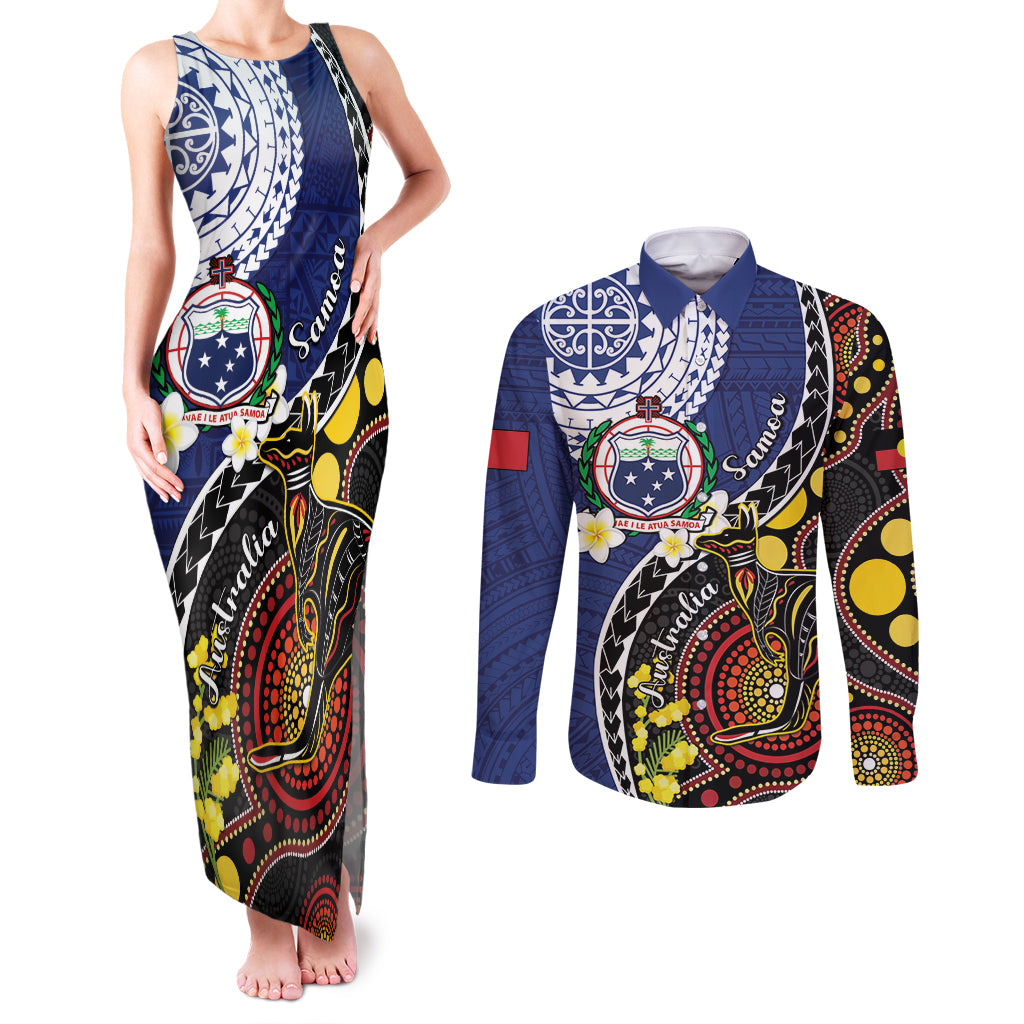 Samoa And Australia Together Couples Matching Tank Maxi Dress and Long Sleeve Button Shirt Aboriginal Mix Polynesian LT05 Blue - Polynesian Pride