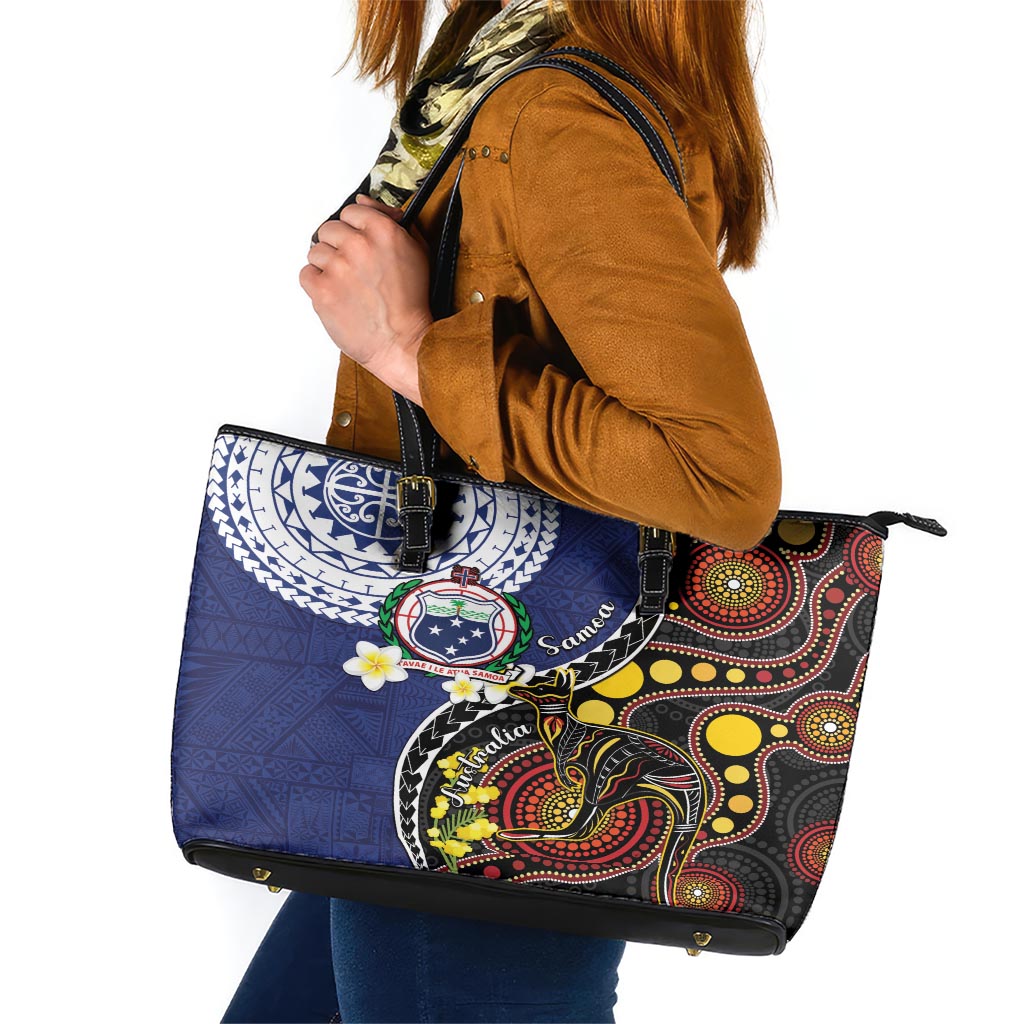 Samoa And Australia Together Leather Tote Bag Aboriginal Mix Polynesian LT05 Blue - Polynesian Pride