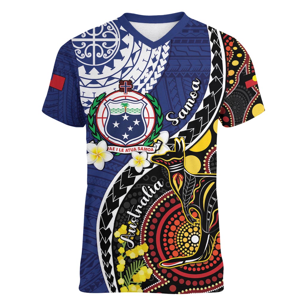 Samoa And Australia Together Women V-Neck T-Shirt Aboriginal Mix Polynesian LT05 Female Blue - Polynesian Pride