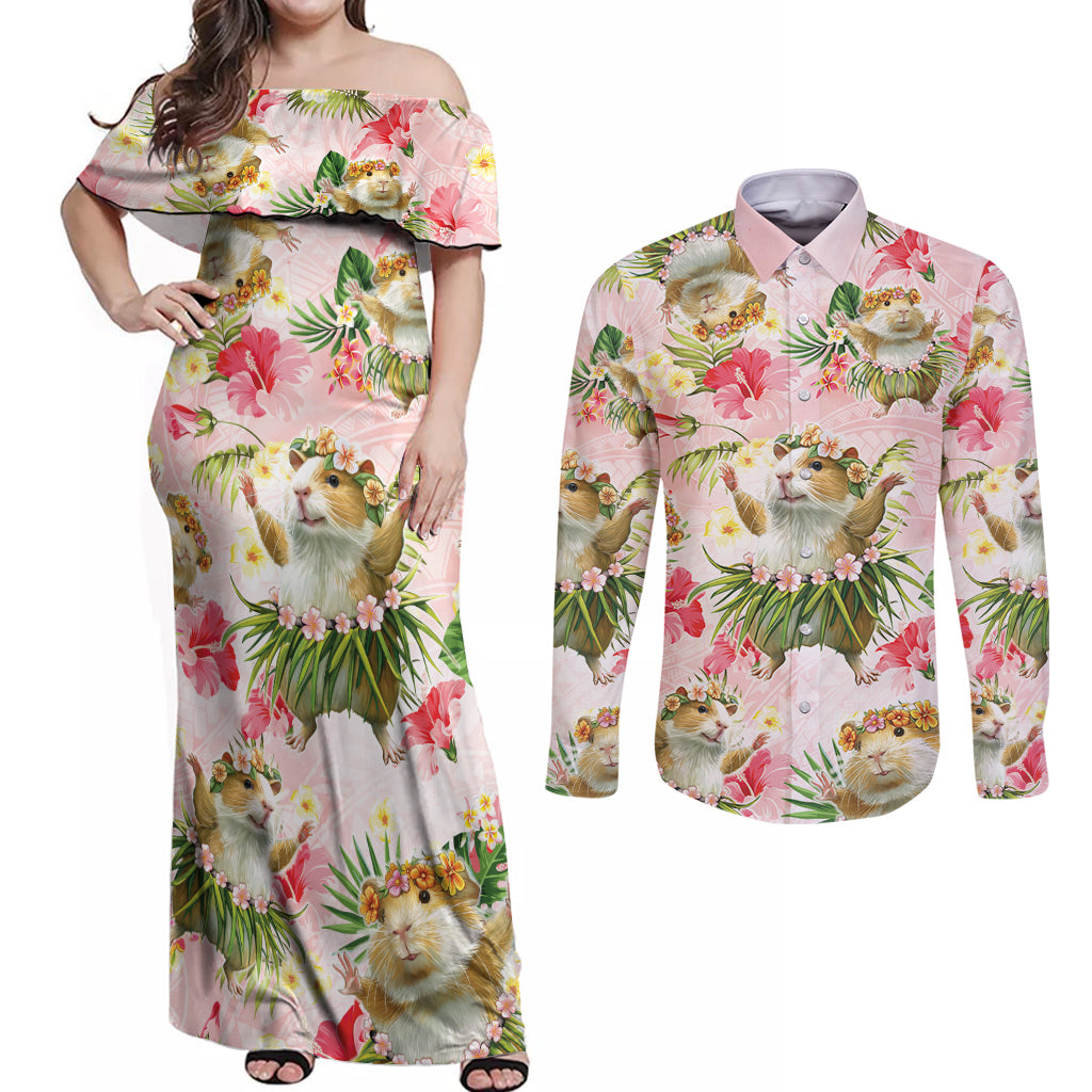 Hawaii Guinea Hula Pig Couples Matching Off Shoulder Maxi Dress and Long Sleeve Button Shirt Funny Tropical Style LT05 Pink - Polynesian Pride