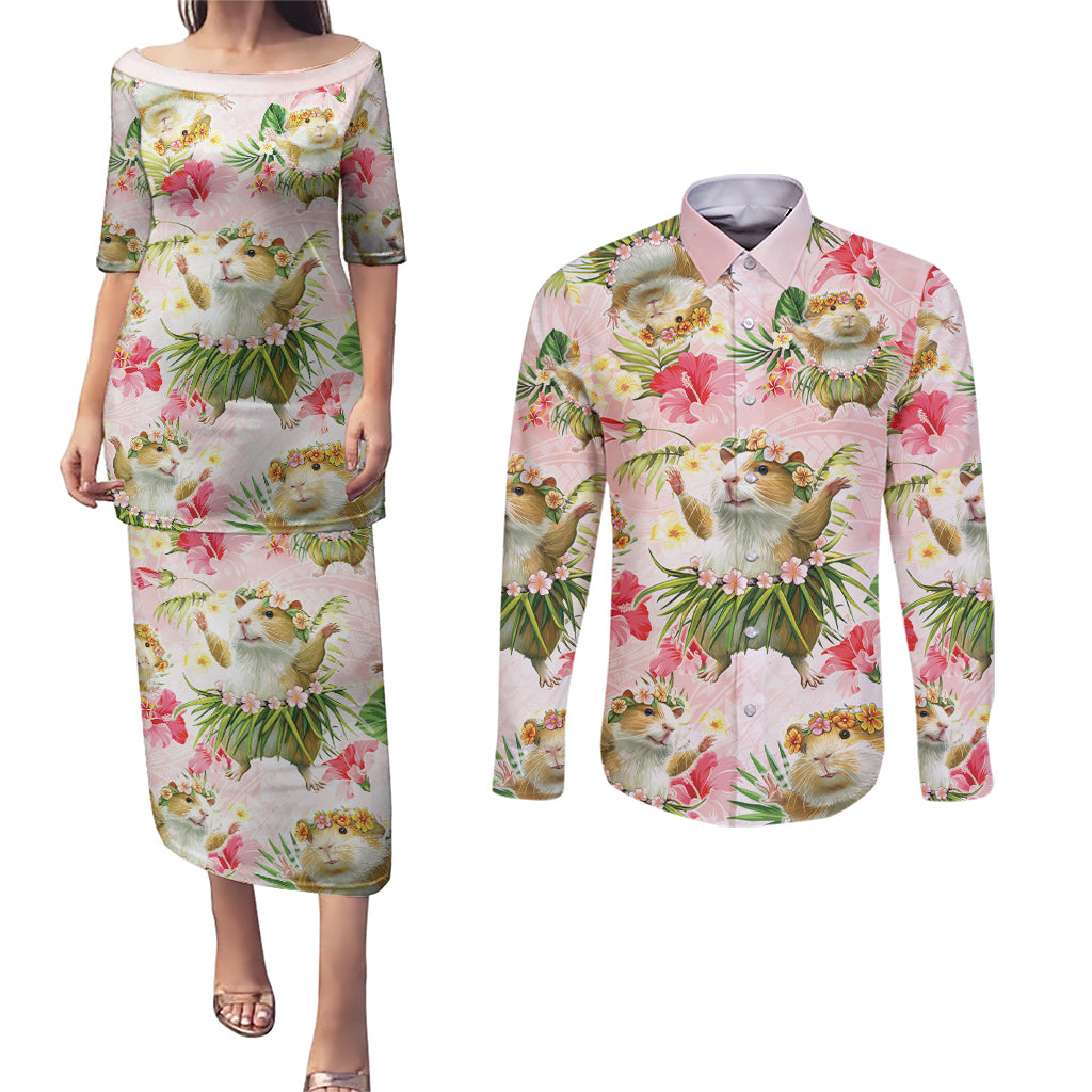 Hawaii Guinea Hula Pig Couples Matching Puletasi and Long Sleeve Button Shirt Funny Tropical Style LT05 Pink - Polynesian Pride