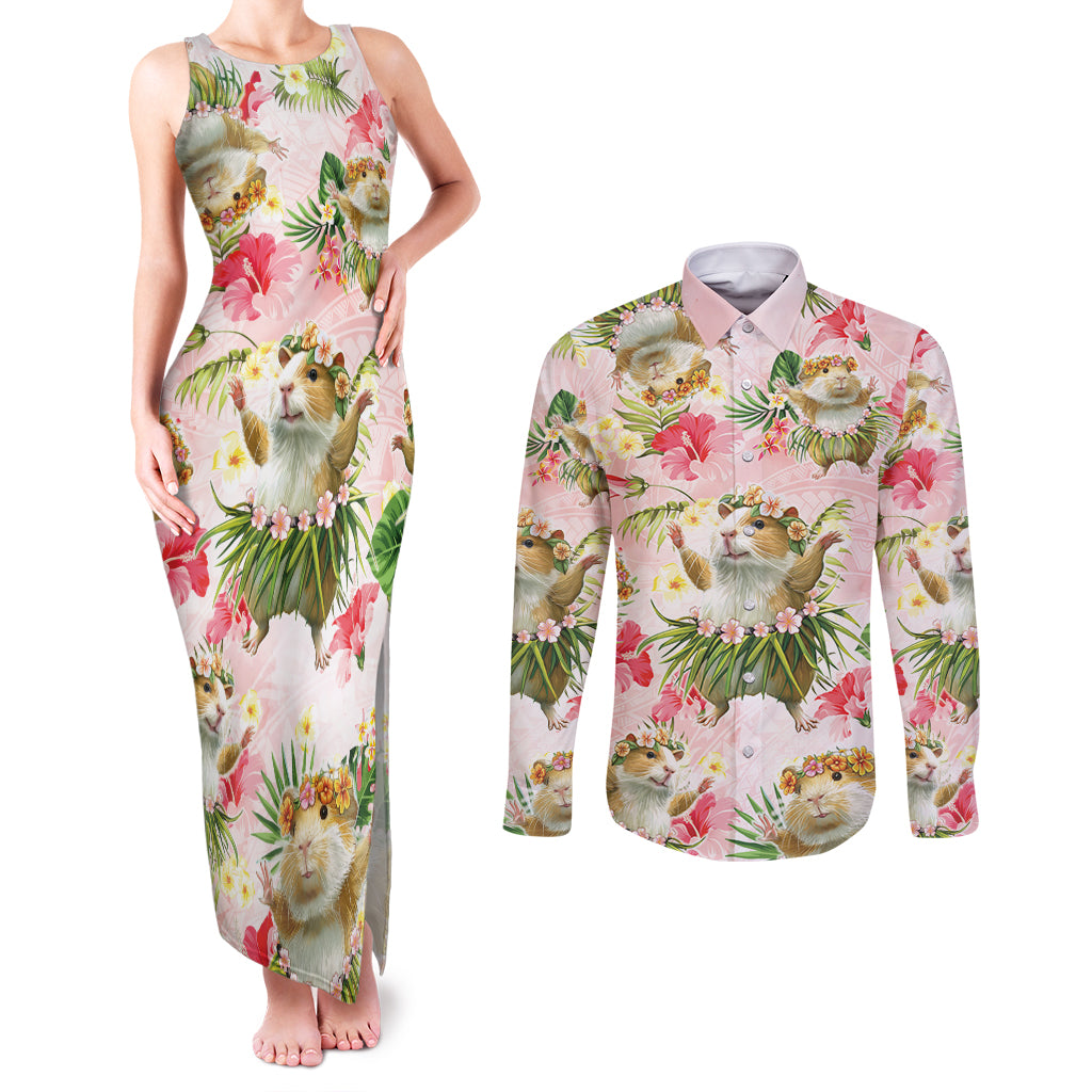Hawaii Guinea Hula Pig Couples Matching Tank Maxi Dress and Long Sleeve Button Shirt Funny Tropical Style