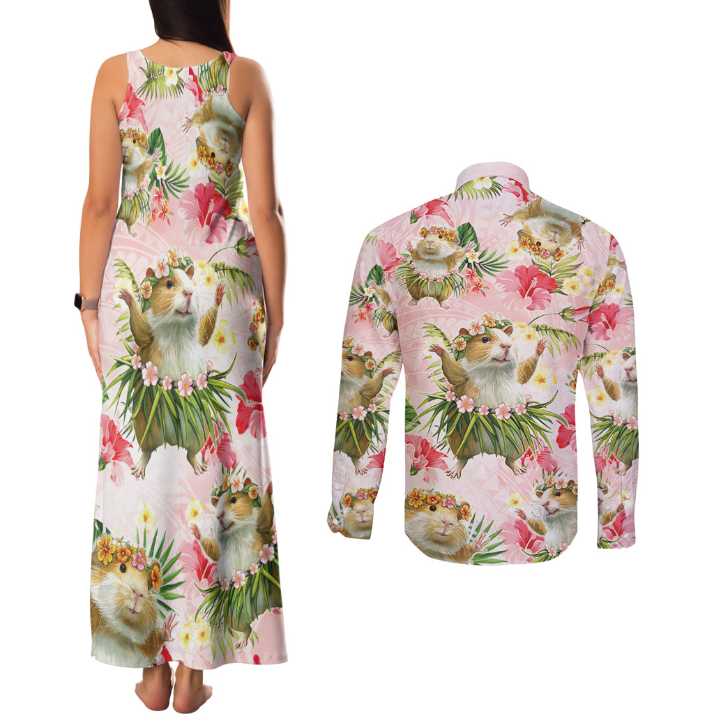 Hawaii Guinea Hula Pig Couples Matching Tank Maxi Dress and Long Sleeve Button Shirt Funny Tropical Style
