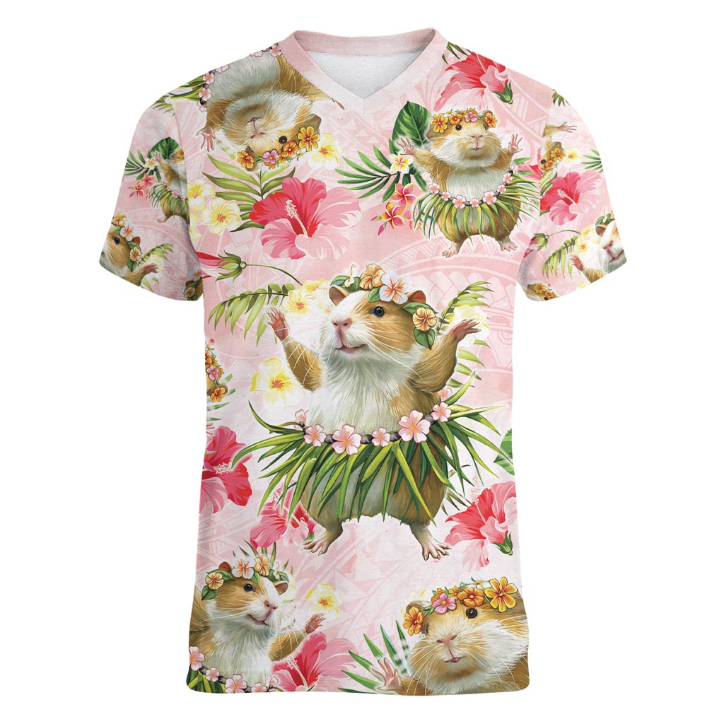 Hawaii Guinea Hula Pig Women V-Neck T-Shirt Funny Tropical Style LT05 Female Pink - Polynesian Pride