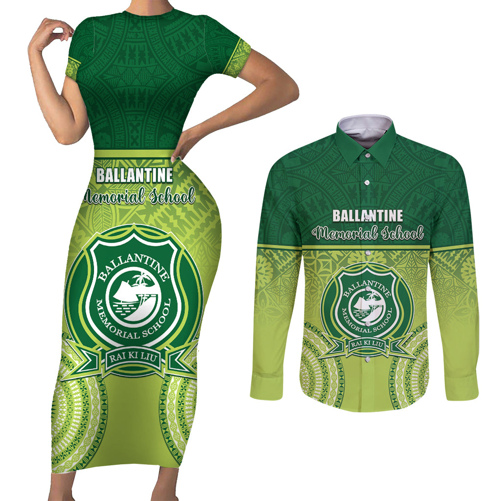 Personalised Ballantine Memorial School Couples Matching Short Sleeve Bodycon Dress and Long Sleeve Button Shirt With Fijian Tapa Pattern
