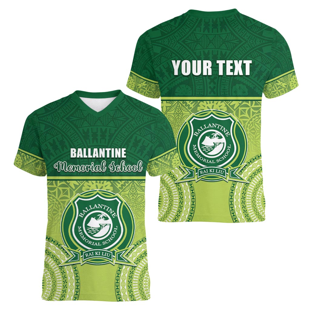 Personalised Ballantine Memorial School Women V-Neck T-Shirt With Fijian Tapa Pattern