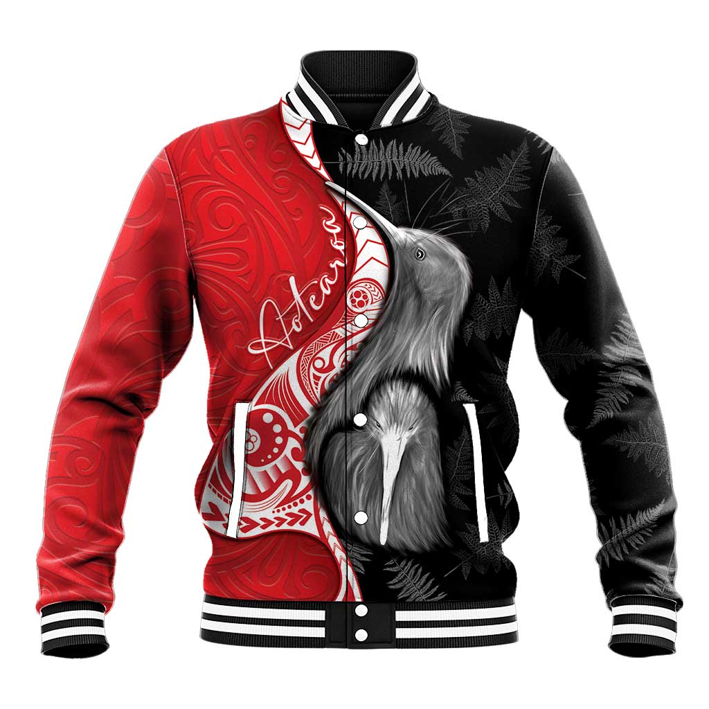 New Zealand Aotearoa Baseball Jacket Kiwi Fern Maori Pattern Red Version