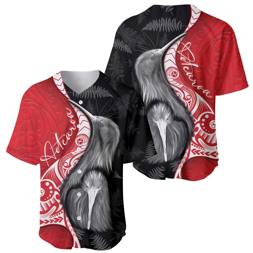 New Zealand Aotearoa Baseball Jersey Kiwi Fern Maori Pattern Red Version