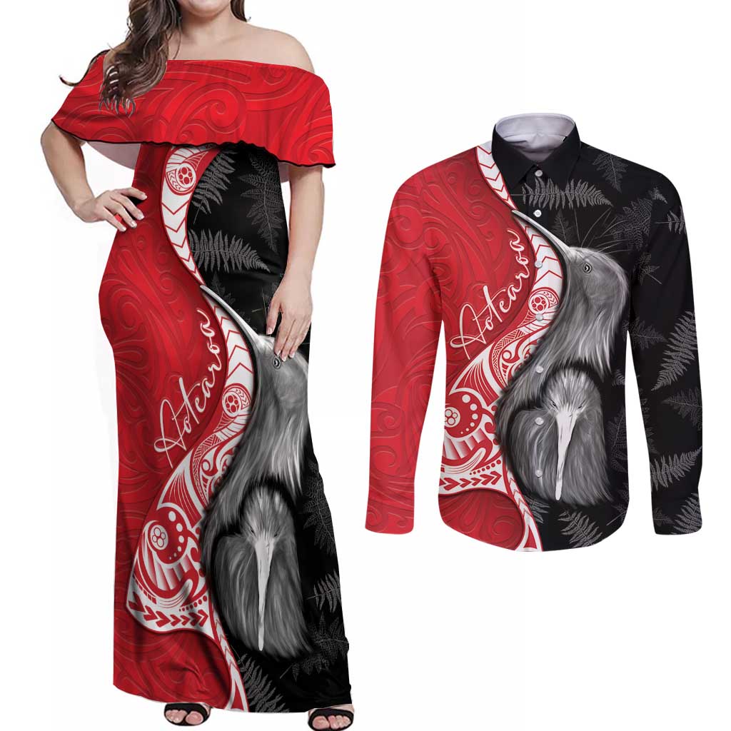 New Zealand Aotearoa Couples Matching Off Shoulder Maxi Dress and Long Sleeve Button Shirt Kiwi Fern Maori Pattern Red Version