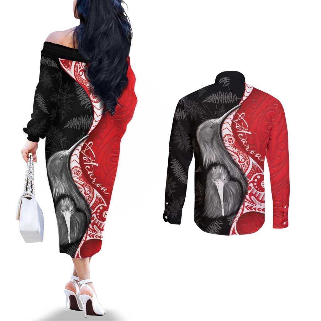 New Zealand Aotearoa Couples Matching Off The Shoulder Long Sleeve Dress and Long Sleeve Button Shirt Kiwi Fern Maori Pattern Red Version
