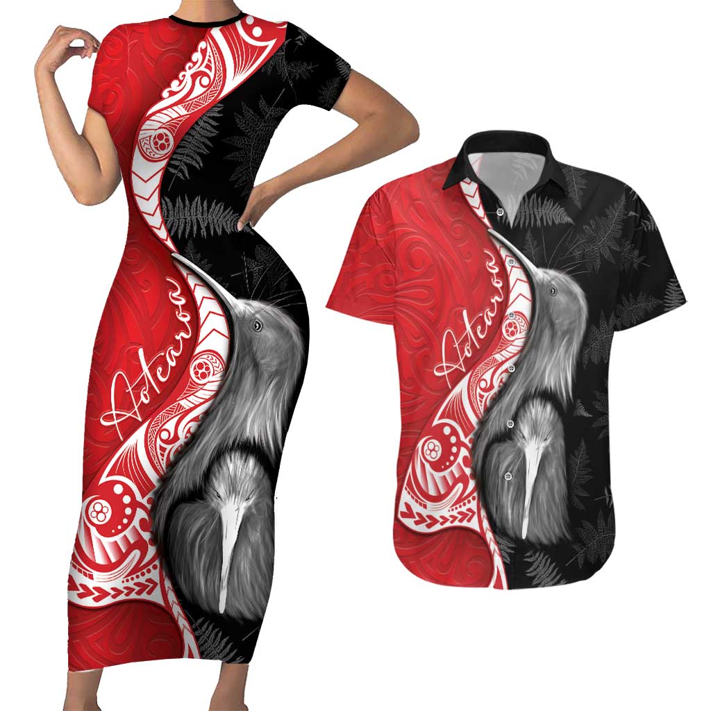 New Zealand Aotearoa Couples Matching Short Sleeve Bodycon Dress and Hawaiian Shirt Kiwi Fern Maori Pattern Red Version