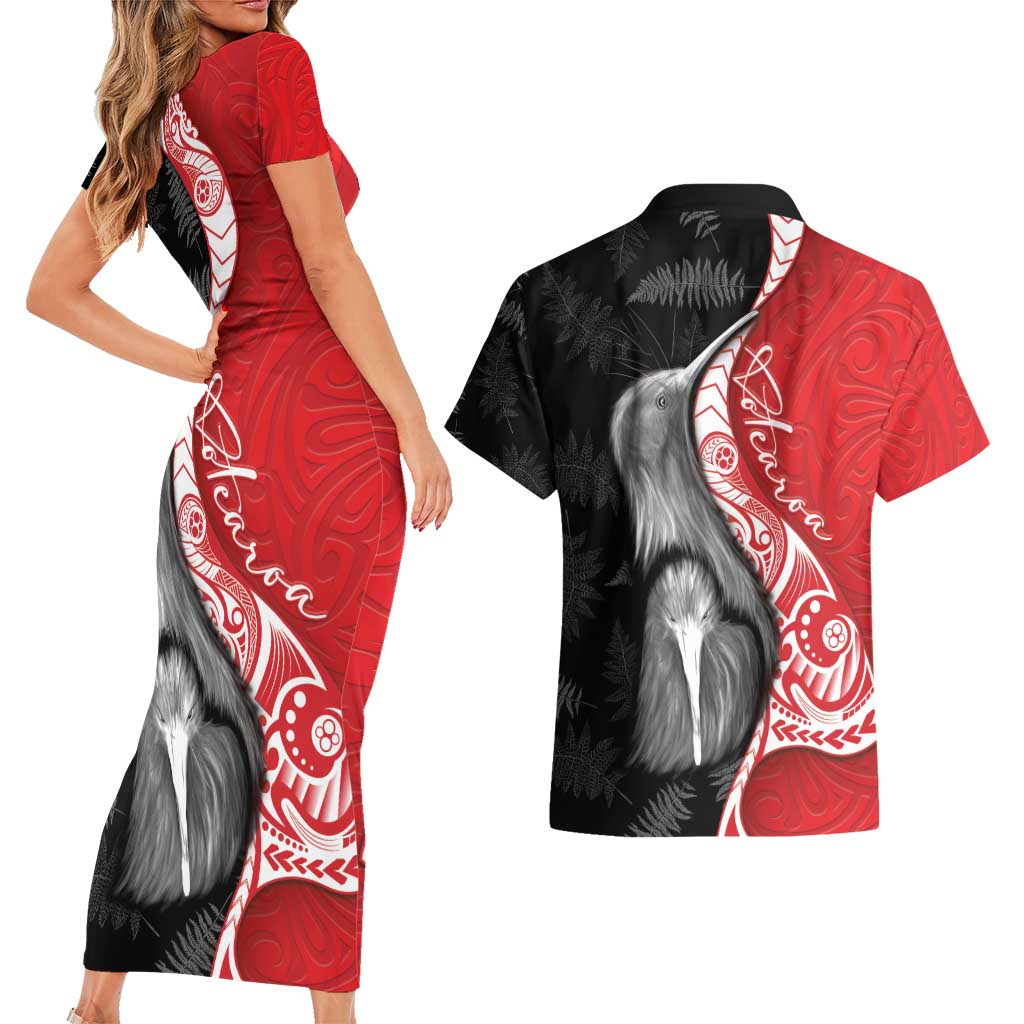 New Zealand Aotearoa Couples Matching Short Sleeve Bodycon Dress and Hawaiian Shirt Kiwi Fern Maori Pattern Red Version
