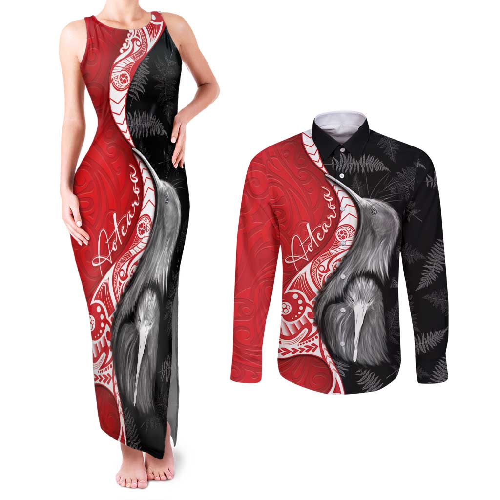 New Zealand Aotearoa Couples Matching Tank Maxi Dress and Long Sleeve Button Shirt Kiwi Fern Maori Pattern Red Version