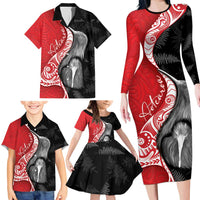 New Zealand Aotearoa Family Matching Long Sleeve Bodycon Dress and Hawaiian Shirt Kiwi Fern Maori Pattern Red Version