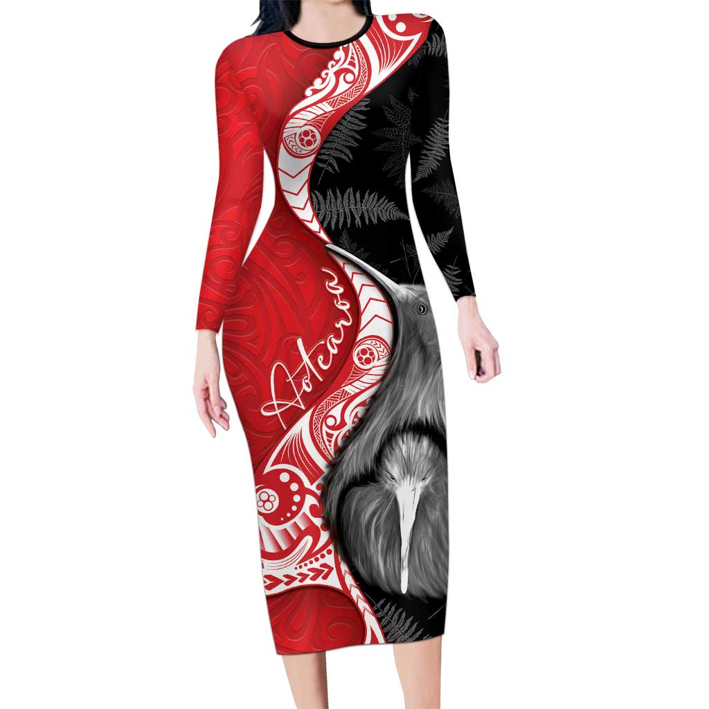 New Zealand Aotearoa Family Matching Long Sleeve Bodycon Dress and Hawaiian Shirt Kiwi Fern Maori Pattern Red Version