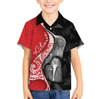 New Zealand Aotearoa Family Matching Long Sleeve Bodycon Dress and Hawaiian Shirt Kiwi Fern Maori Pattern Red Version