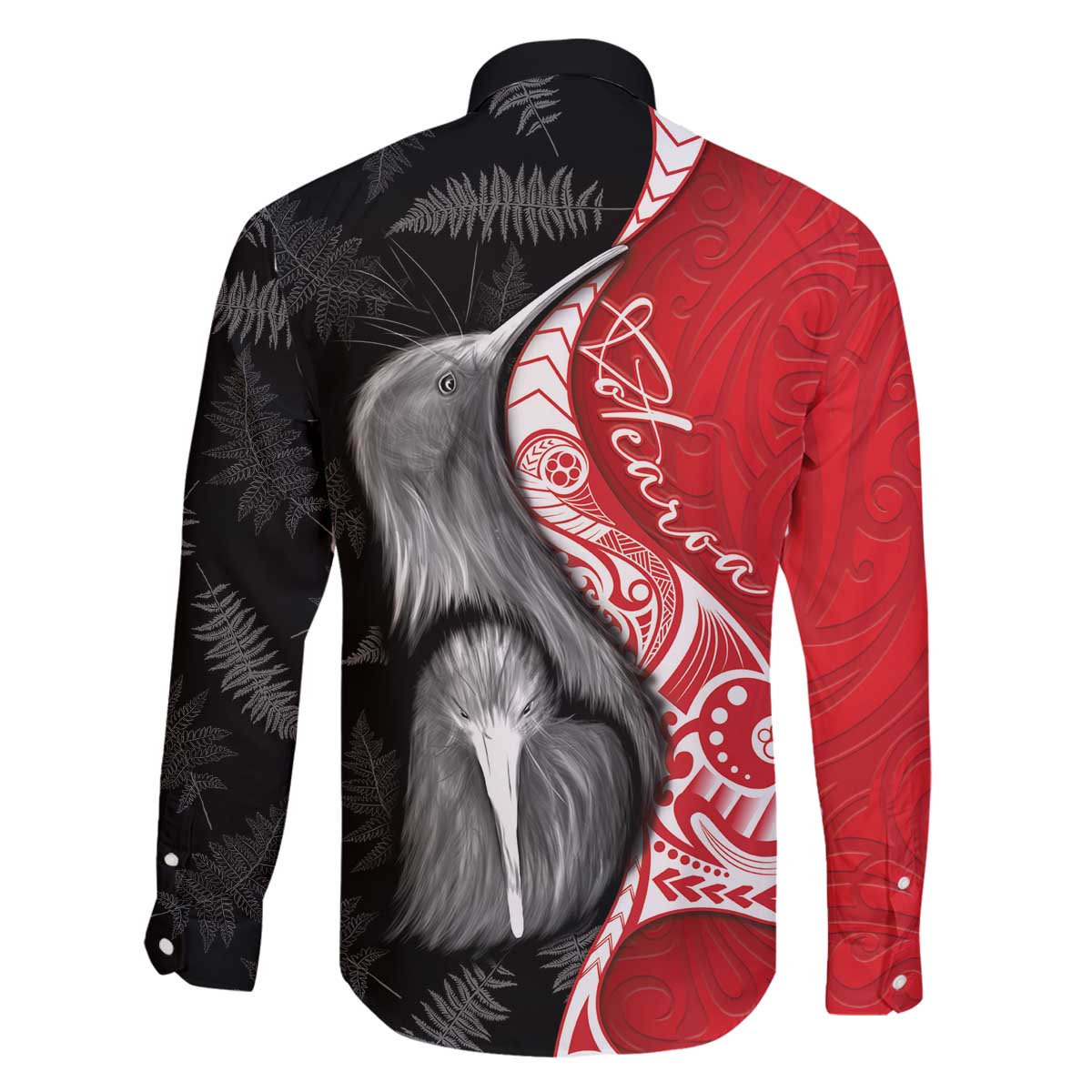 New Zealand Aotearoa Family Matching Off The Shoulder Long Sleeve Dress and Hawaiian Shirt Kiwi Fern Maori Pattern Red Version