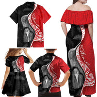 New Zealand Aotearoa Family Matching Off Shoulder Maxi Dress and Hawaiian Shirt Kiwi Fern Maori Pattern Red Version