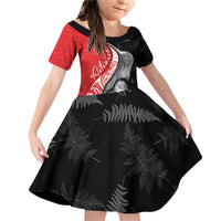 New Zealand Aotearoa Family Matching Off Shoulder Short Dress and Hawaiian Shirt Kiwi Fern Maori Pattern Red Version