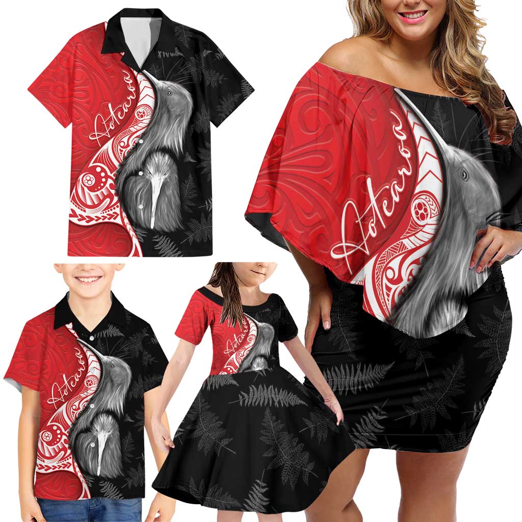 New Zealand Aotearoa Family Matching Off Shoulder Short Dress and Hawaiian Shirt Kiwi Fern Maori Pattern Red Version