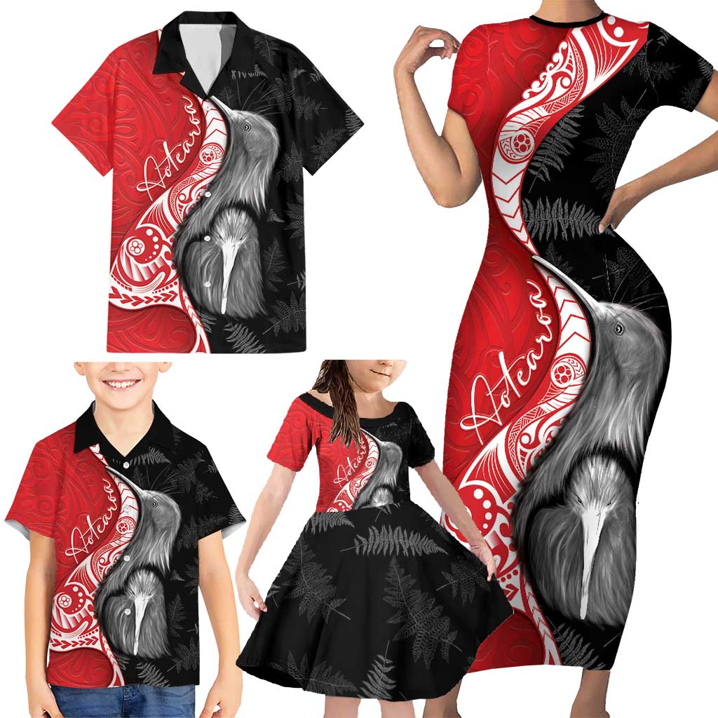 New Zealand Aotearoa Family Matching Short Sleeve Bodycon Dress and Hawaiian Shirt Kiwi Fern Maori Pattern Red Version